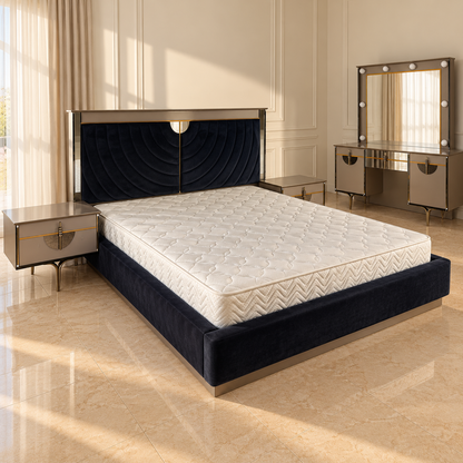 Danube Home Celestia King Bedroom Set with Mattress, 2 Nightstands & Lighted Dresser Mirror – 180 × 200 cm – Navy Blue, Taupe & Gold