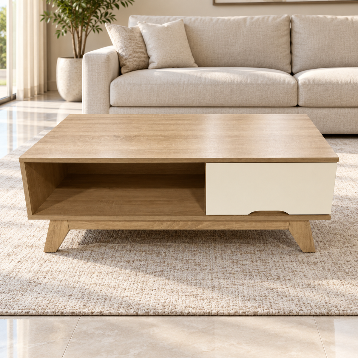 Home Centre Modern Coffee Table with Drawer & Open Shelf – Natural Oak & White – 100 × 50 × 40 cm