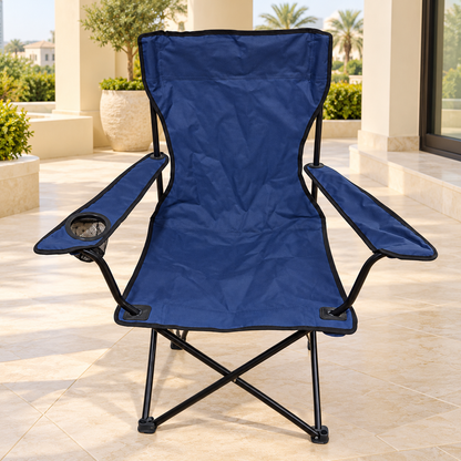 Foldable Camping Chair with Armrests & Cup Holder – Navy Blue & Black