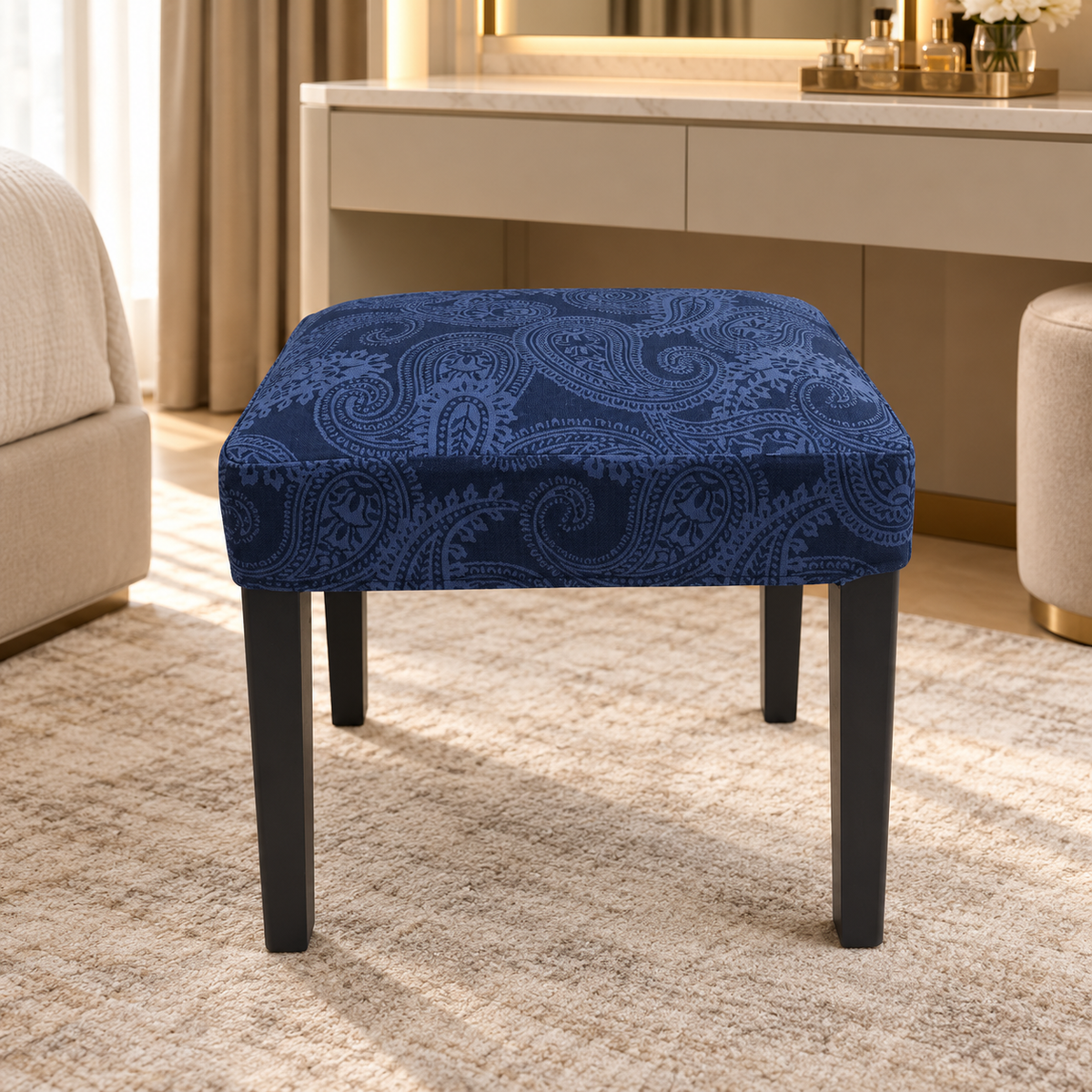 IKEA SAKARIAS Upholstered Stool with KVILLSFORS Paisley Cover – Dark Blue & Black – 39 × 51 × 49 cm