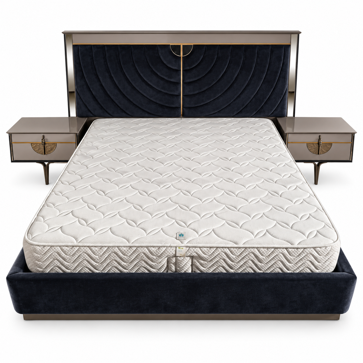 Danube Home Celestia King Bedroom Set with Mattress, 2 Nightstands & Lighted Dresser Mirror – 180 × 200 cm – Navy Blue, Taupe & Gold