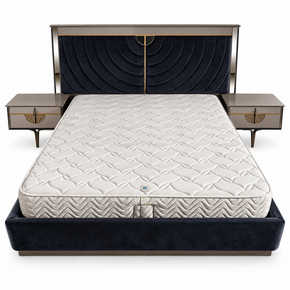 Danube Home Celestia King Bedroom Set with Mattress, 2 Nightstands & Lighted Dresser Mirror – 180 × 200 cm – Navy Blue, Taupe & Gold