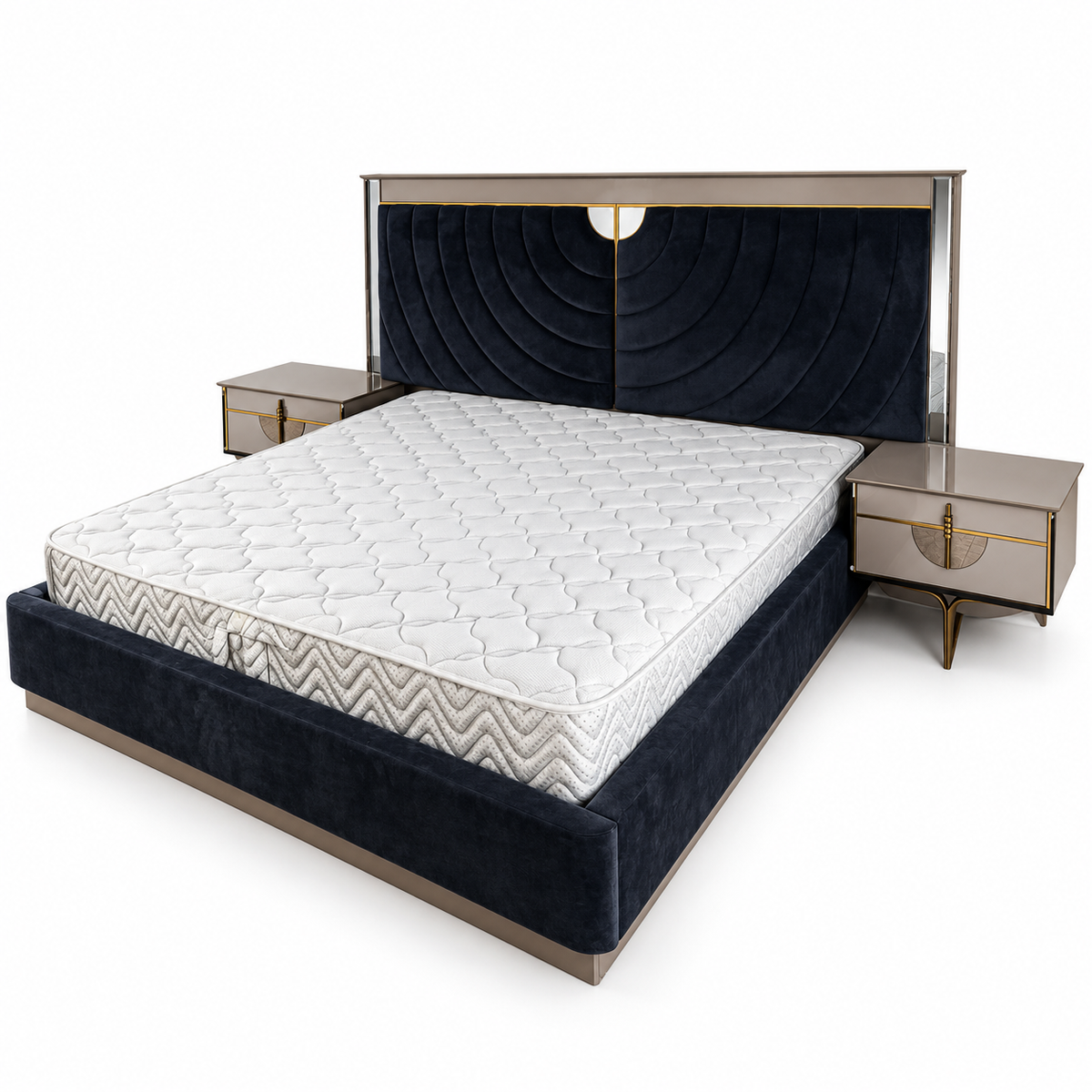 Danube Home Celestia King Bedroom Set with Mattress, 2 Nightstands & Lighted Dresser Mirror – 180 × 200 cm – Navy Blue, Taupe & Gold