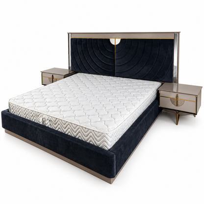 Danube Home Celestia King Bedroom Set with Mattress, 2 Nightstands & Lighted Dresser Mirror – 180 × 200 cm – Navy Blue, Taupe & Gold
