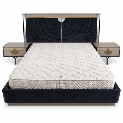 Danube Home Celestia King Bedroom Set with Mattress, 2 Nightstands & Lighted Dresser Mirror – 180 × 200 cm – Navy Blue, Taupe & Gold
