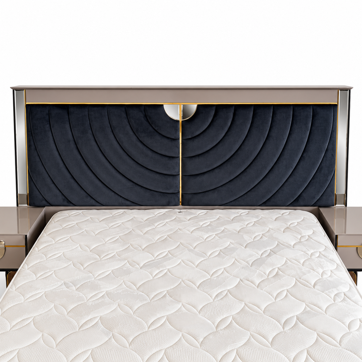 Danube Home Celestia King Bedroom Set with Mattress, 2 Nightstands & Lighted Dresser Mirror – 180 × 200 cm – Navy Blue, Taupe & Gold