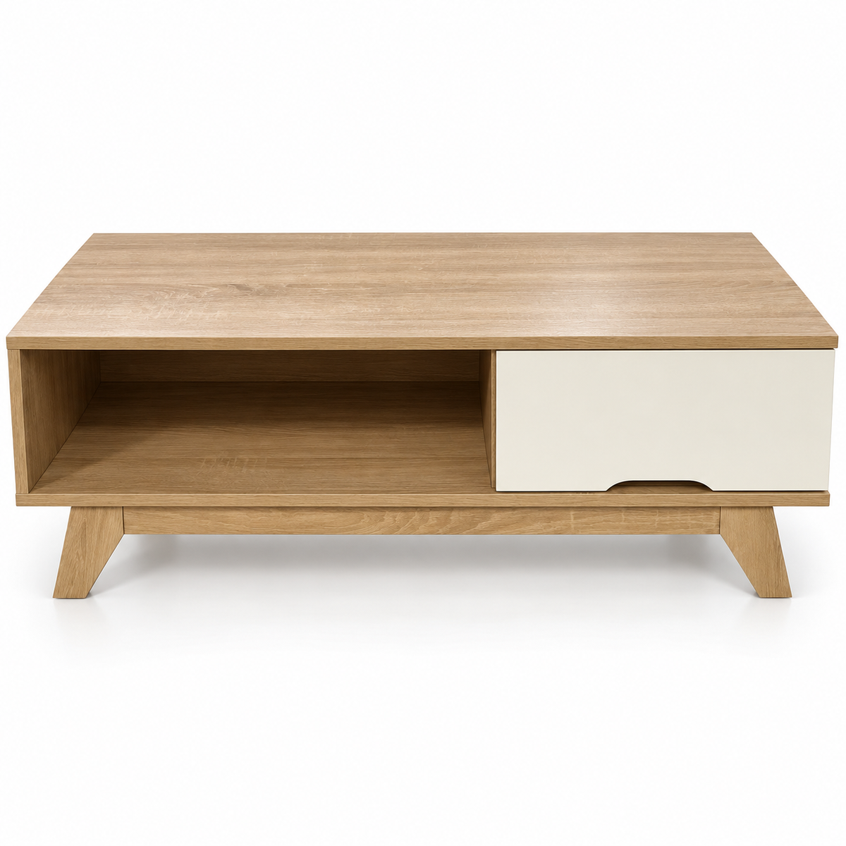 Home Centre Modern Coffee Table with Drawer & Open Shelf – Natural Oak & White – 100 × 50 × 40 cm