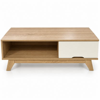 Home Centre Modern Coffee Table with Drawer & Open Shelf – Natural Oak & White – 100 × 50 × 40 cm