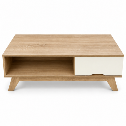Home Centre Modern Coffee Table with Drawer & Open Shelf – Natural Oak & White – 100 × 50 × 40 cm