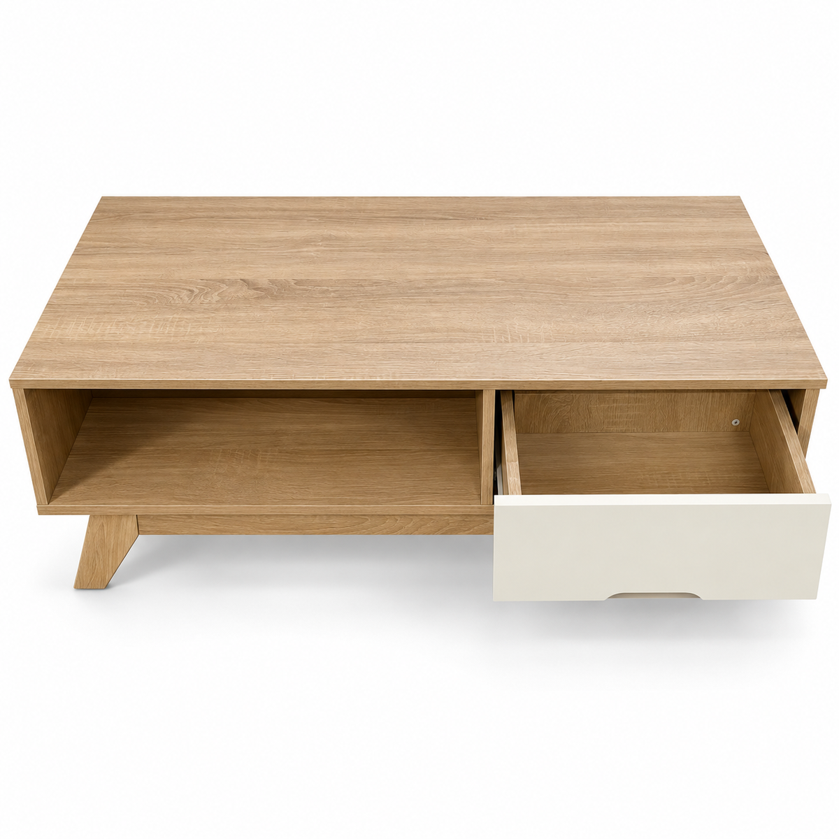 Home Centre Modern Coffee Table with Drawer & Open Shelf – Natural Oak & White – 100 × 50 × 40 cm