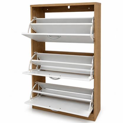 Home Centre Nordic 24-Pair Shoe Cabinet – White & Oak – 120 × 35 × 102 cm