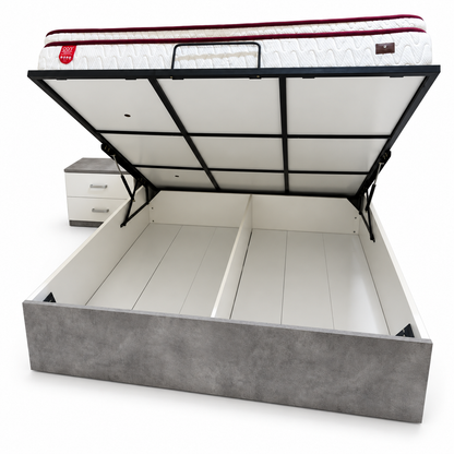 Danube Home Michigan 180×200 King Hydraulic Storage Bed with Mattress & 1 Bedside Table – White/Grey