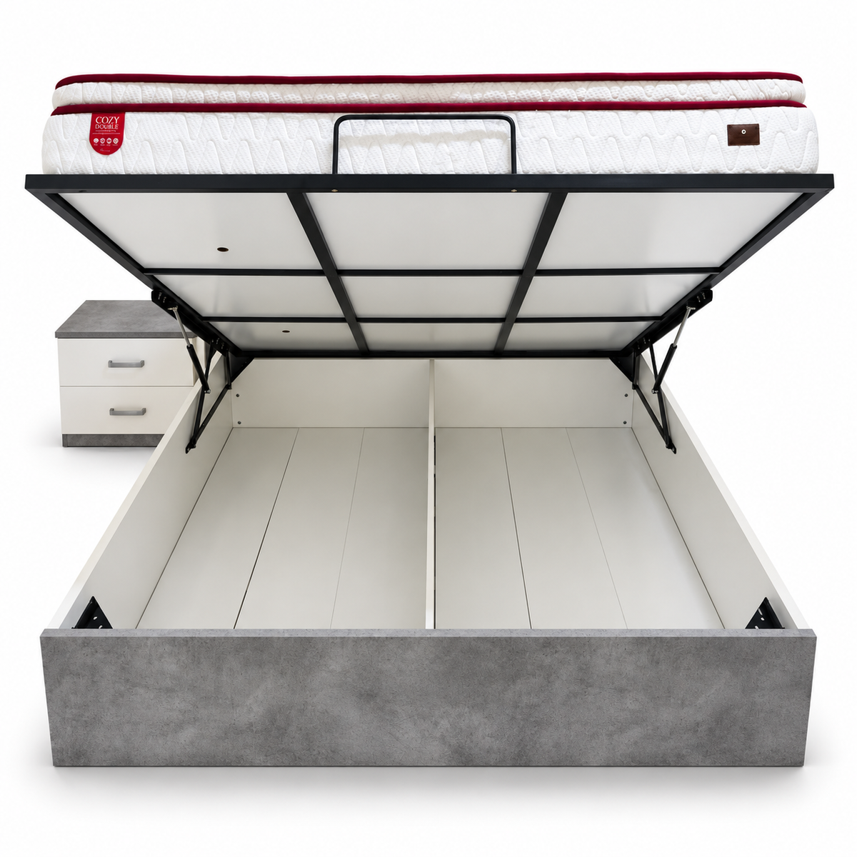 Danube Home Michigan 180×200 King Hydraulic Storage Bed with Mattress & 1 Bedside Table – White/Grey