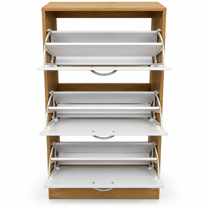 Home Centre Nordic 24-Pair Shoe Cabinet – White & Oak – 120 × 35 × 102 cm
