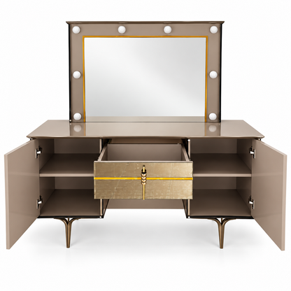 Danube Home Celestia King Bedroom Set with Mattress, 2 Nightstands & Lighted Dresser Mirror – 180 × 200 cm – Navy Blue, Taupe & Gold