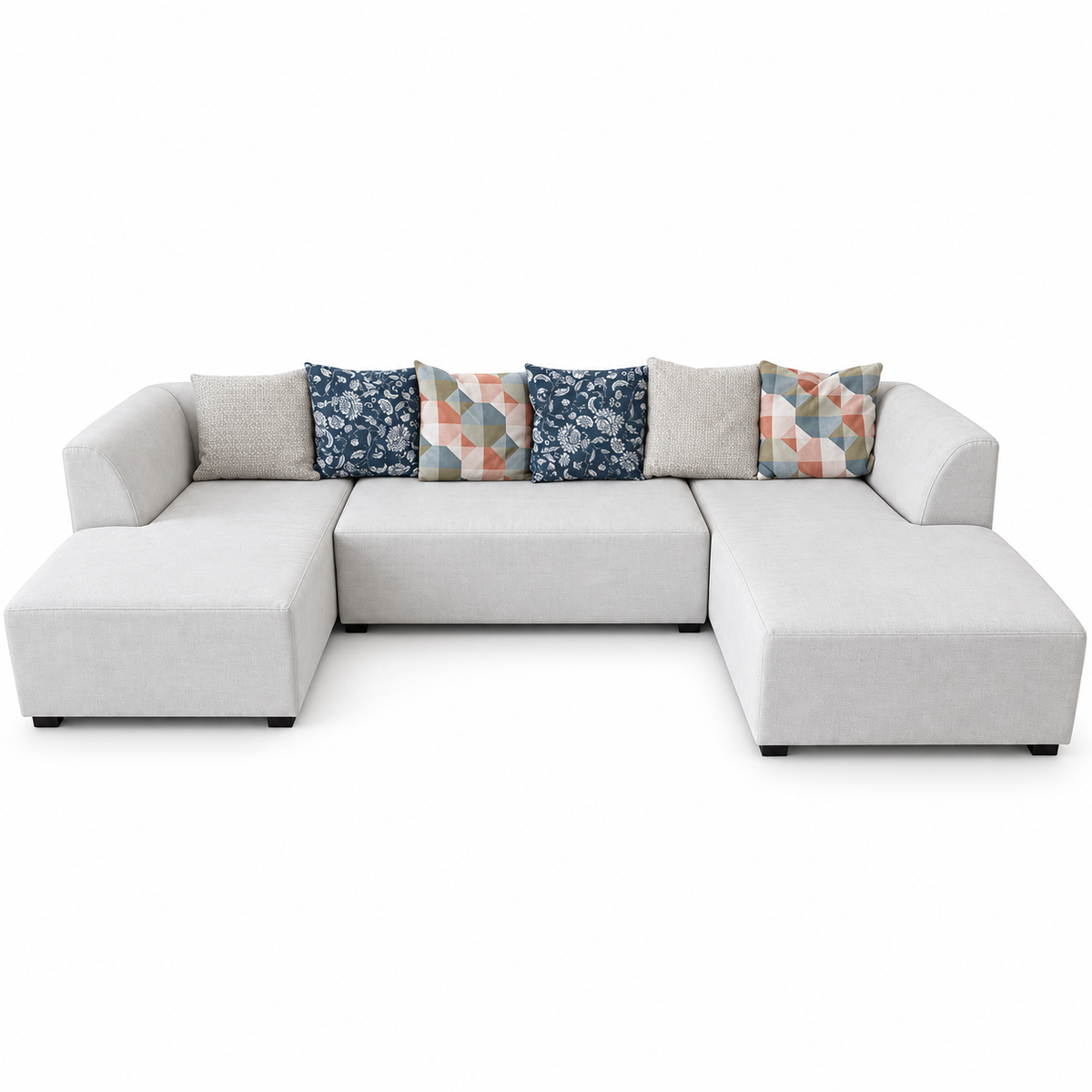 Danube Home Ivory U-Shaped Sectional Sofa with Double Chaise & 6 Decorative Cushions