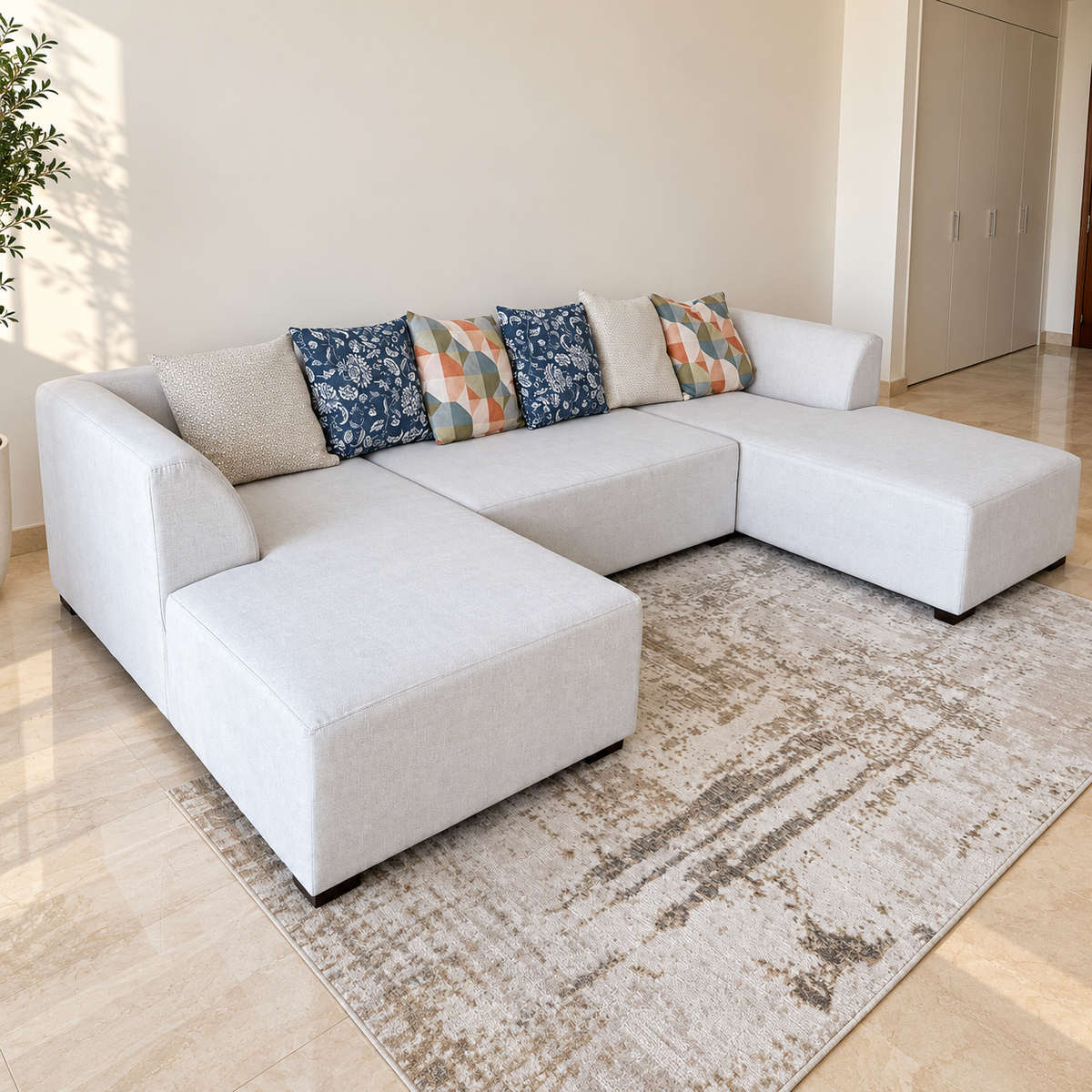 Danube Home Ivory U-Shaped Sectional Sofa with Double Chaise & 6 Decorative Cushions