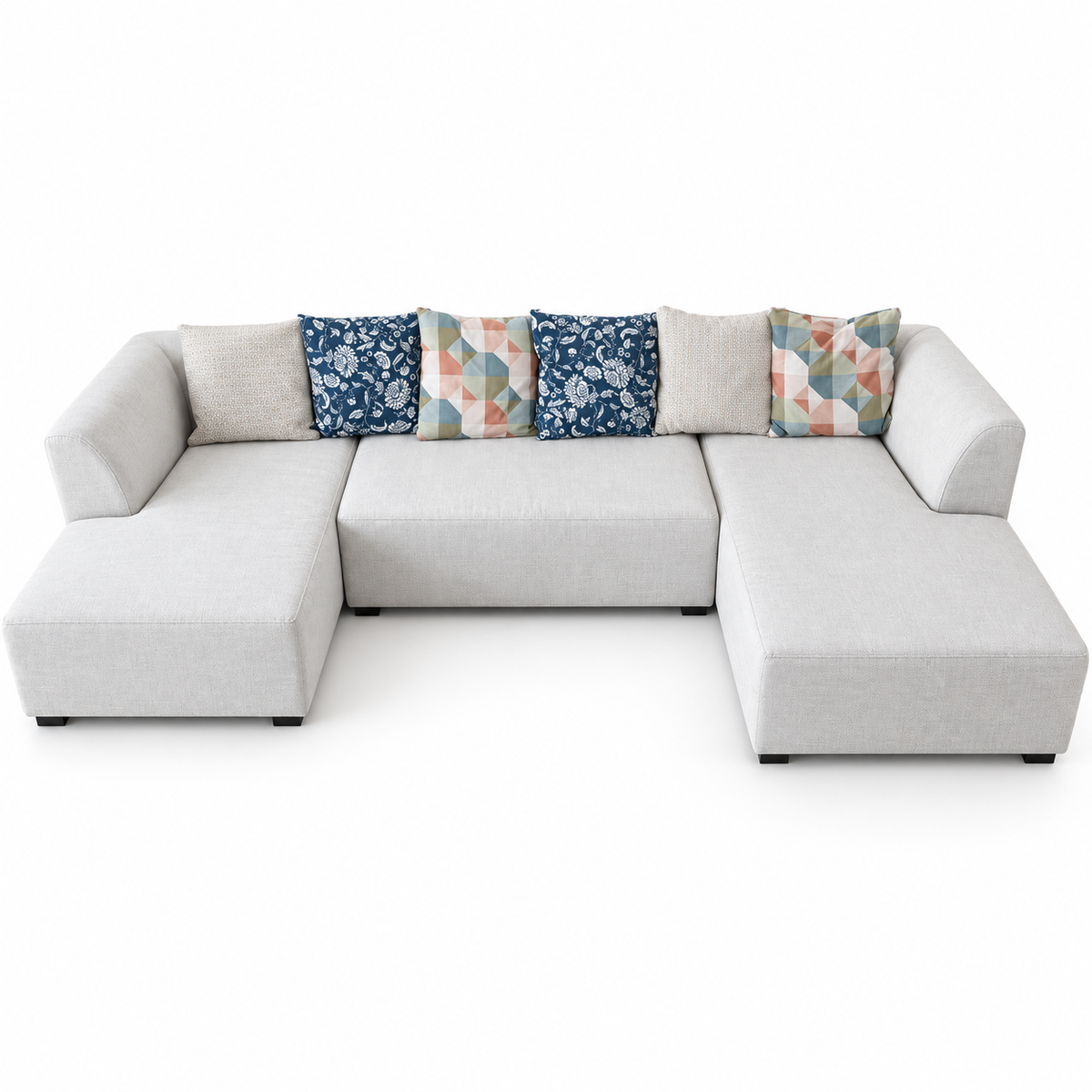 Danube Home Ivory U-Shaped Sectional Sofa with Double Chaise & 6 Decorative Cushions
