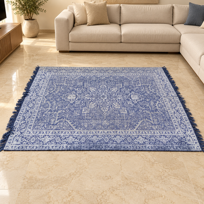 Home Box Persian-Style Floral Medallion Rug with Fringe – Dusty Blue & Ivory – 200 × 300 cm