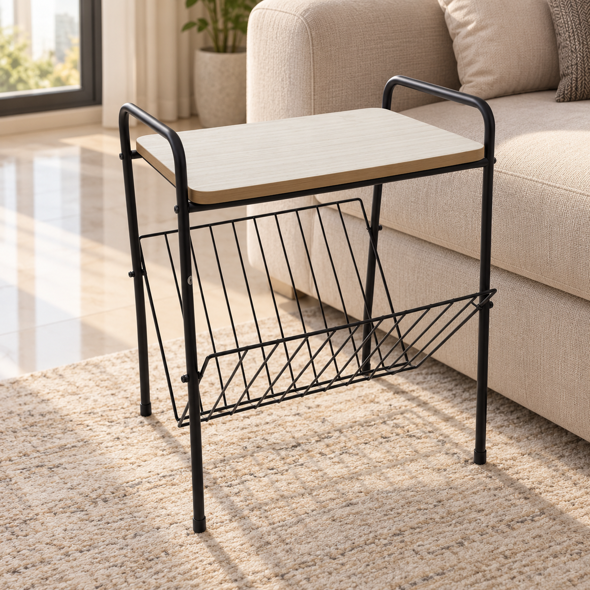 Home Box Modern Side Table with V-Shaped Magazine Rack – Whitewashed Oak & Black