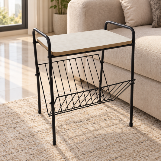 Home Box Modern Side Table with V-Shaped Magazine Rack – Whitewashed Oak & Black – 50 × 30 × 65 cm