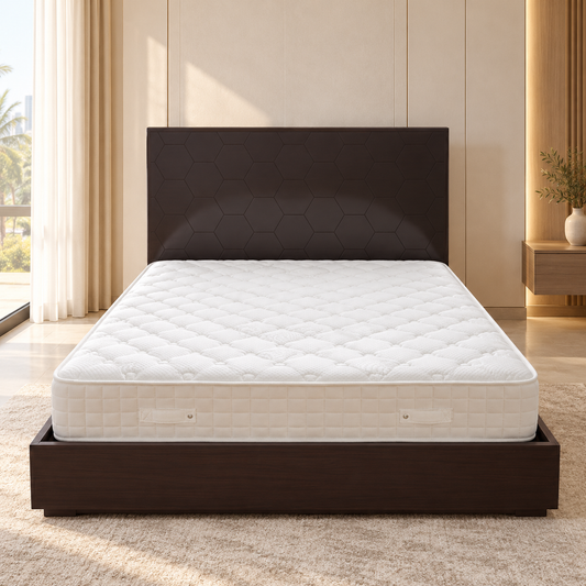 Marina Home King Bed Frame with Hexagonal Headboard & Mattress – Dark Walnut Brown – 187 × 214.5 × 140 cm