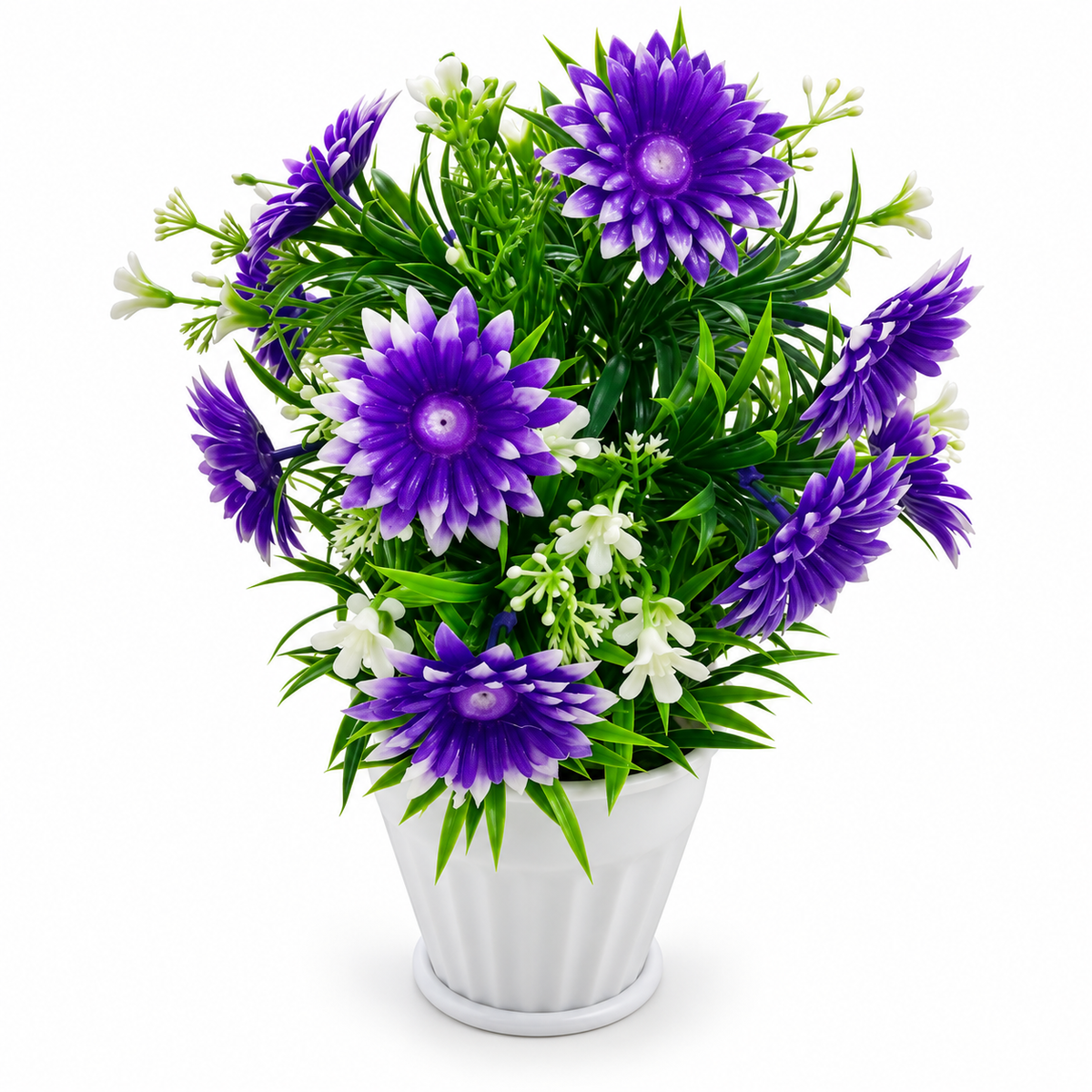 Artificial Purple Daisy Floral Arrangement in White Pot