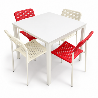 IKEA MELLTORP 4-Seater Dining Set – White Table with Red & Ivory Chairs – 75 × 75 cm