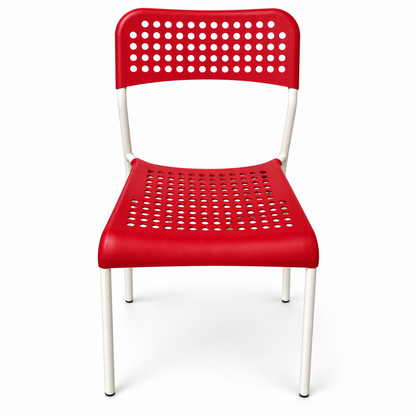 IKEA MELLTORP 4-Seater Dining Set – White Table with Red & Ivory Chairs – 75 × 75 cm