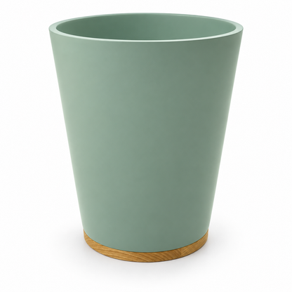 Modern Round Wastepaper Bin with Wood-Effect Base – Sage Green