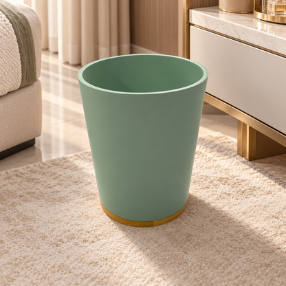 Modern Round Wastepaper Bin with Wood-Effect Base – Sage Green
