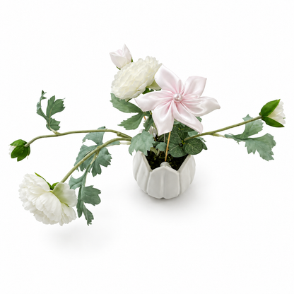 Artificial White Floral Arrangement in Sculptural Pot – White, Green & Soft Pink