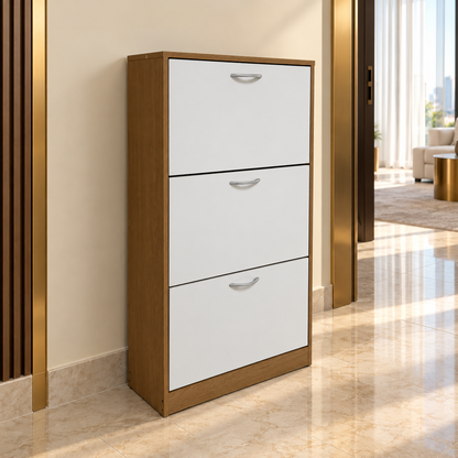 Home Centre Nordic 24-Pair Shoe Cabinet – White & Oak – 120 × 35 × 102 cm