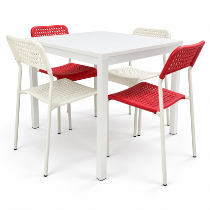 IKEA MELLTORP 4-Seater Dining Set – White Table with Red & Ivory Chairs – 75 × 75 cm