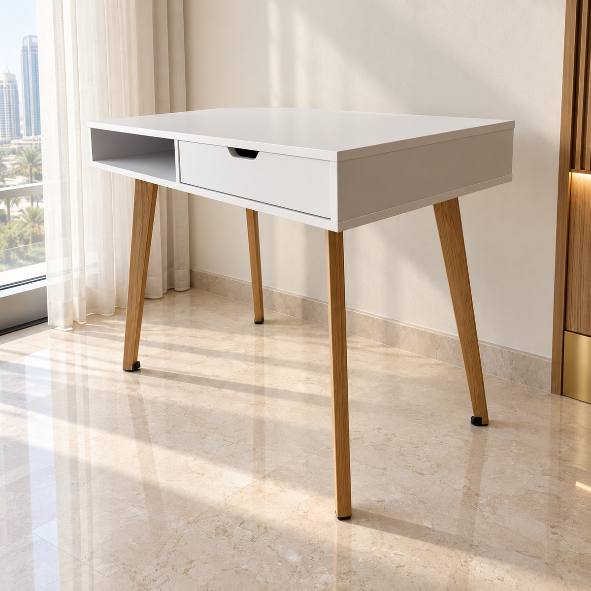 Home Box Bianca Londrina Study Desk with Drawer &amp; Open Shelf – 90 cm – White & Natural Wood