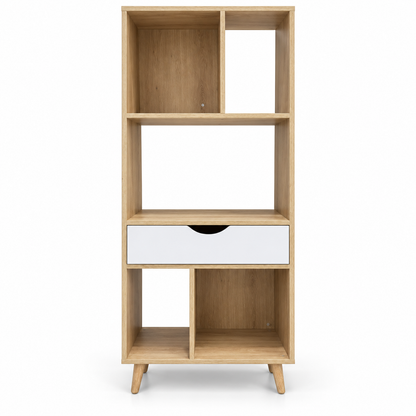 Home Centre Asymmetrical 5-Compartment Bookcase with Drawer – Natural Oak & White