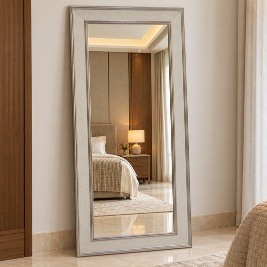 Home Centre Full-Length Rectangular Mirror with Wide Textured Frame – Champagne Silver