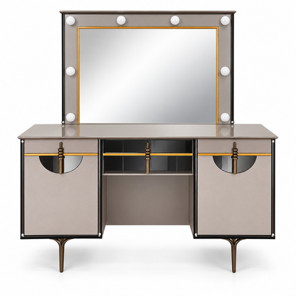 Danube Home Celestia King Bedroom Set with Mattress, 2 Nightstands & Lighted Dresser Mirror – 180 × 200 cm – Navy Blue, Taupe & Gold
