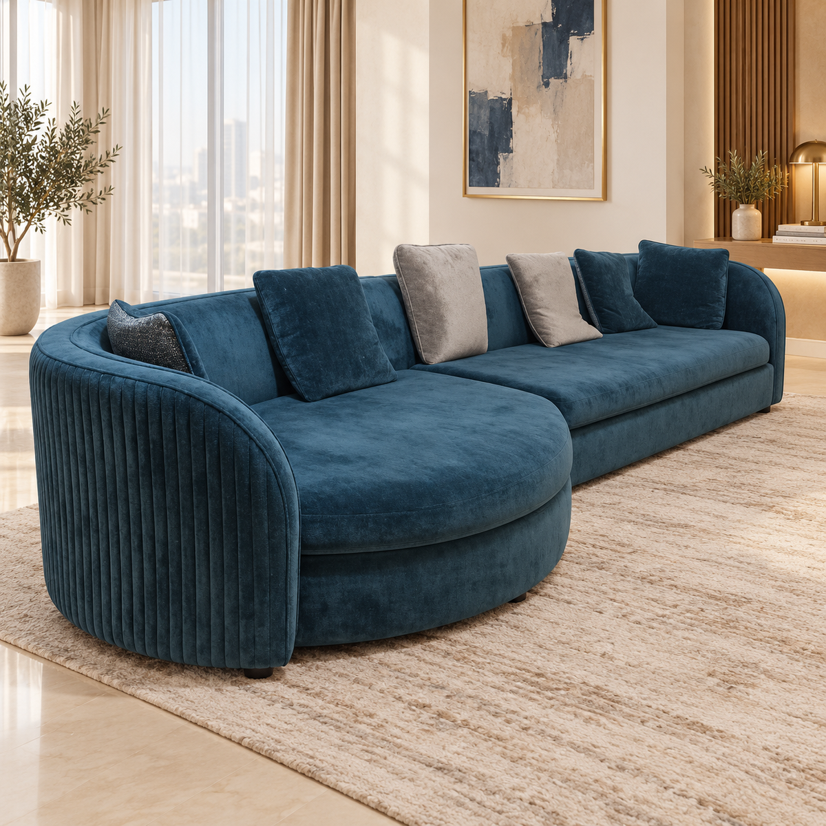 Marina Curve 6-Seater Velvet Curved Corner Sofa with Chaise – 290 cm – Deep Teal Blue