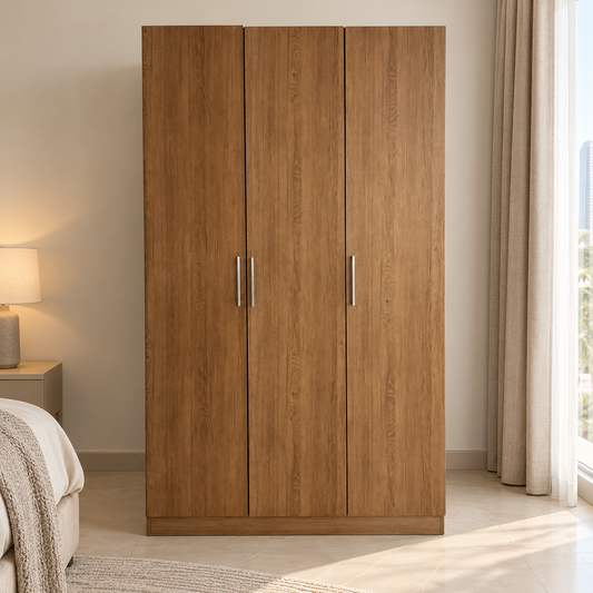 Home Centre 3-Door Wooden Wardrobe with Hanging Rails & Shelves – Natural Oak Brown