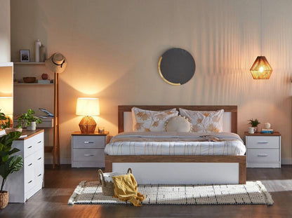 Home Centre Felix King Bedroom Set with Hydraulic Storage | White & Walnut, 180x200 cm