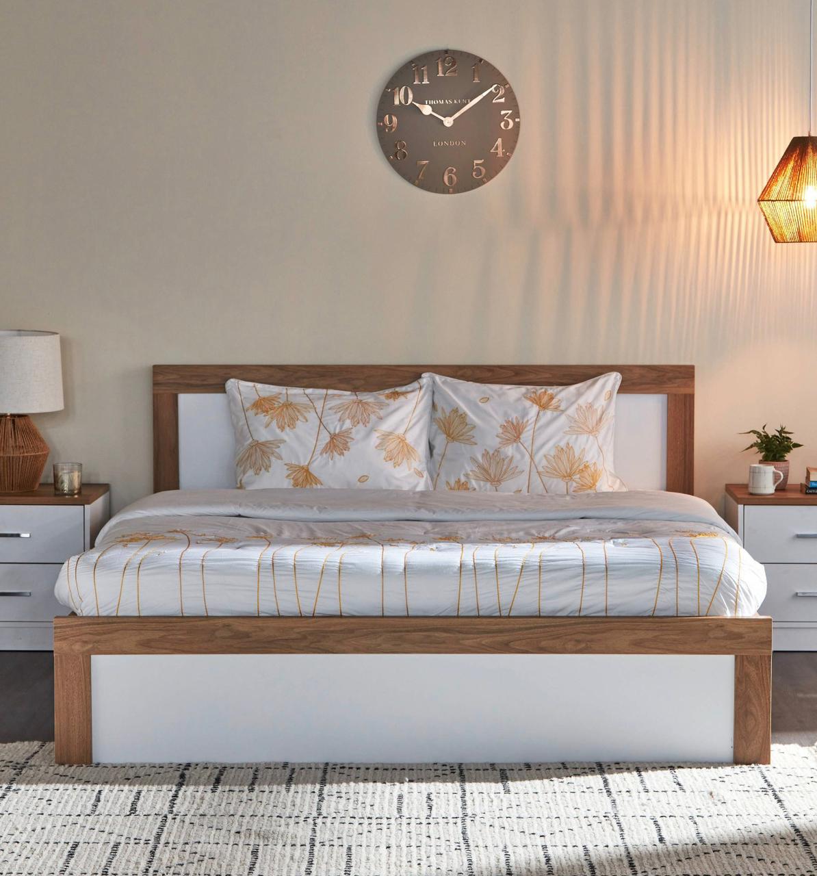 Home Centre Felix King Bedroom Set with Hydraulic Storage | White & Walnut, 180x200 cm
