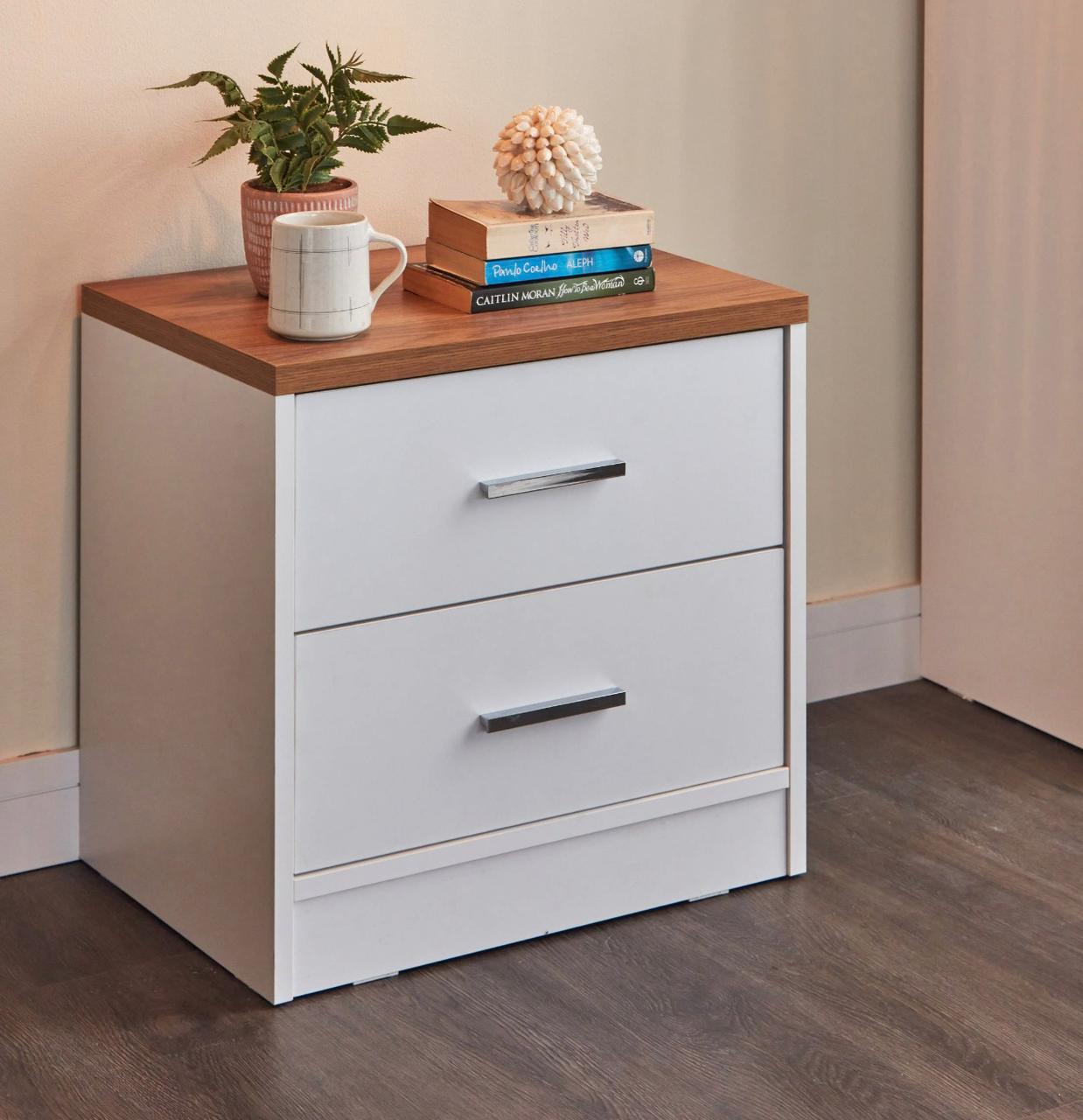 Home Centre Felix King Bedroom Set with Hydraulic Storage | White & Walnut, 180x200 cm