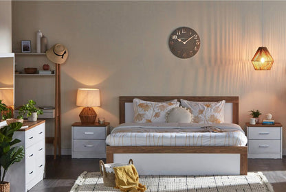 Home Centre Felix King Bedroom Set with Hydraulic Storage | White & Walnut, 180x200 cm
