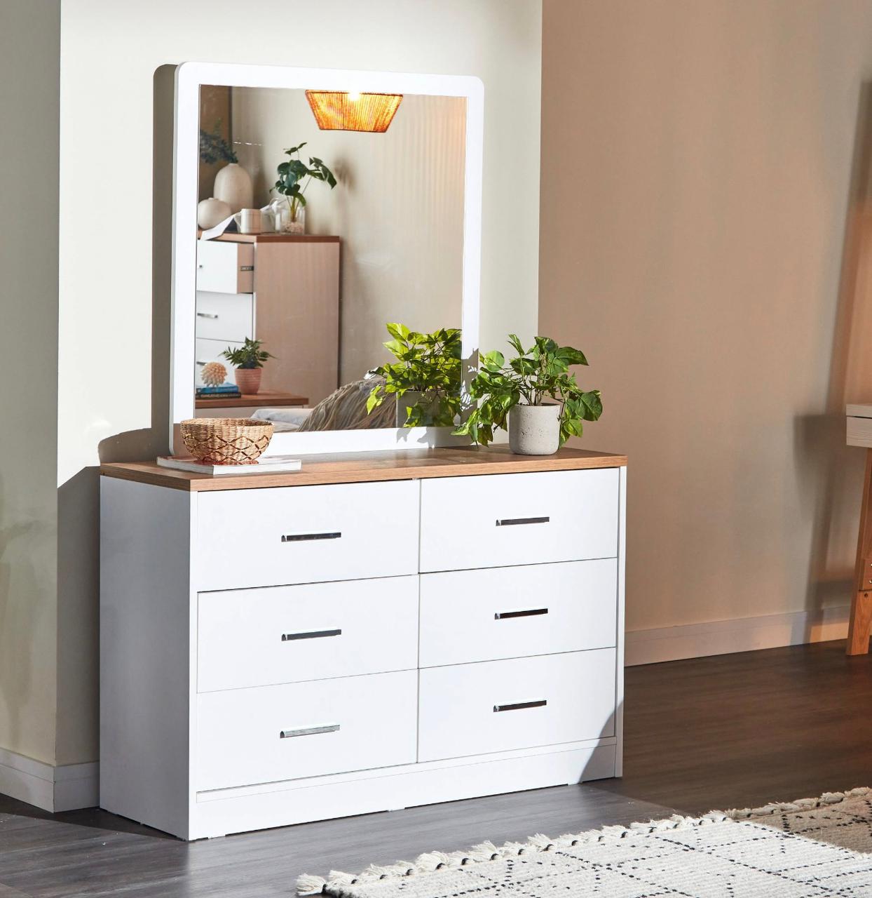 Home Centre Felix King Bedroom Set with Hydraulic Storage | White & Walnut, 180x200 cm