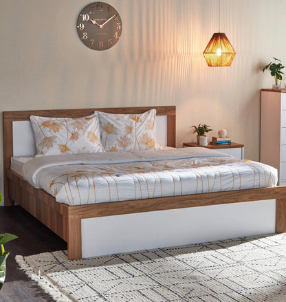 Home Centre Felix King Bedroom Set with Hydraulic Storage | White & Walnut, 180x200 cm