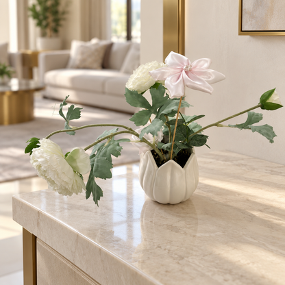 Artificial White Floral Arrangement in Sculptural Pot – White, Green & Soft Pink