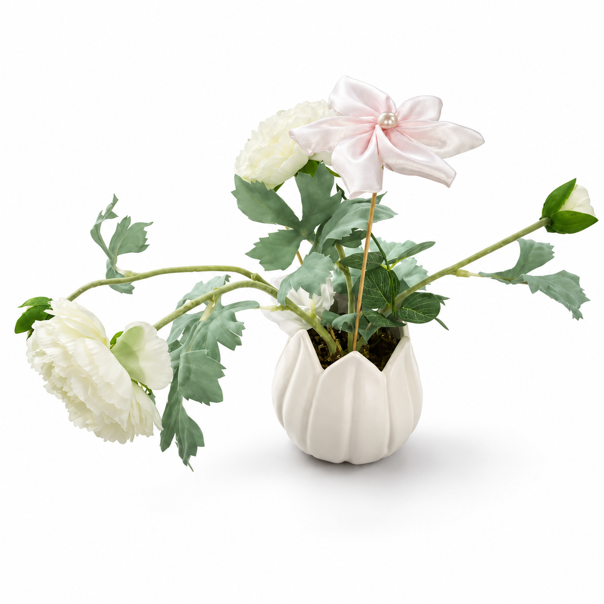 Artificial White Floral Arrangement in Sculptural Pot – White, Green & Soft Pink