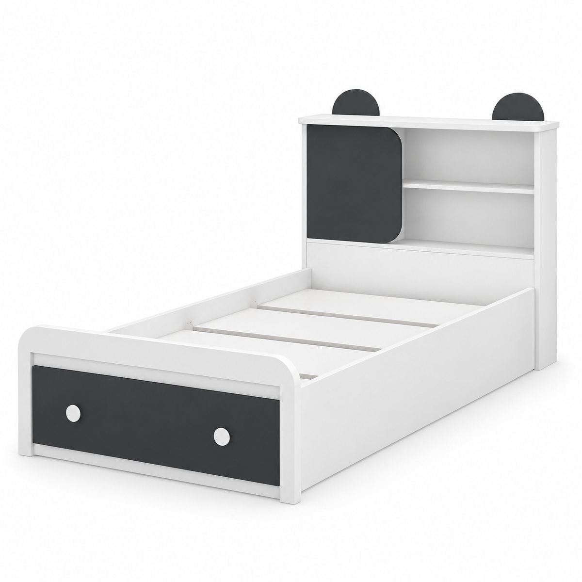 Danube Home Panda Single Kids Bed with Mattress &amp; Storage – White & Black – 90 × 190 cm
