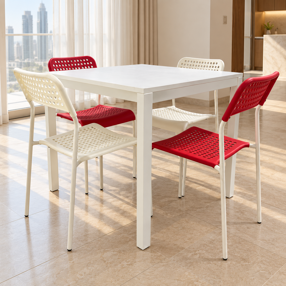 IKEA MELLTORP 4-Seater Dining Set – White Table with Red & Ivory Chairs – 75 × 75 cm